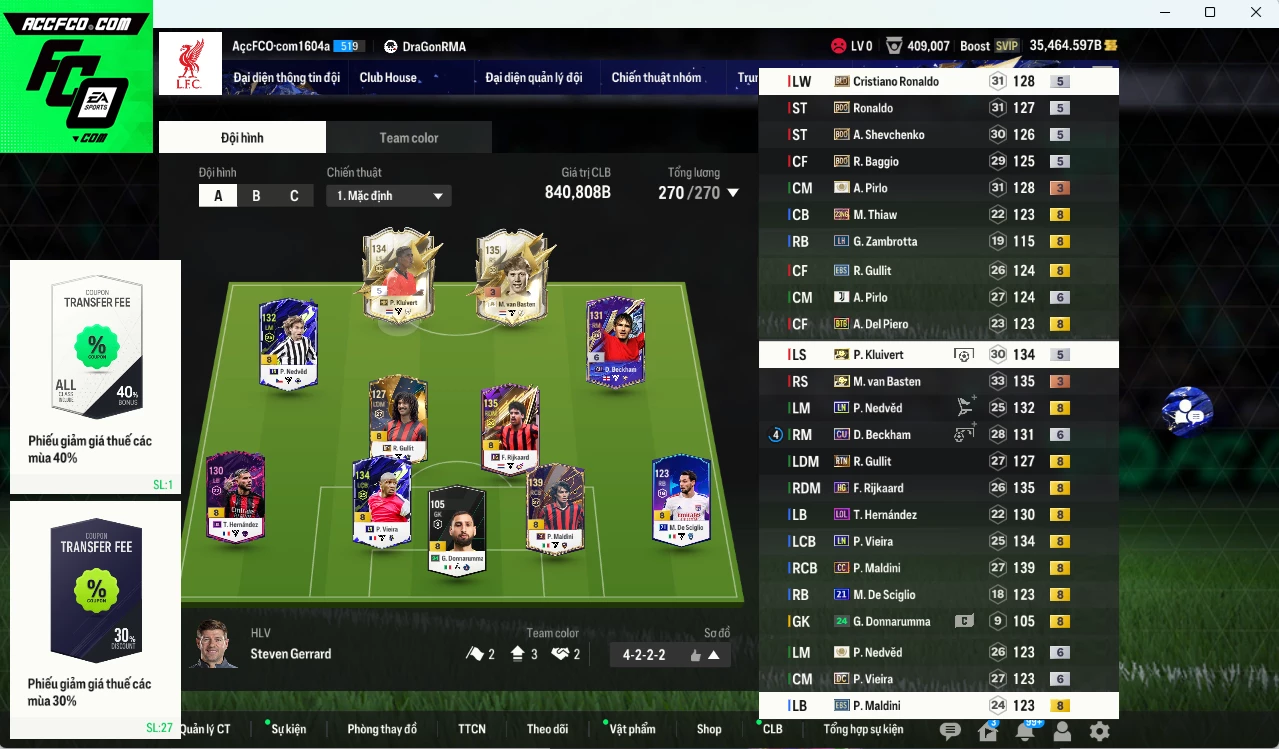 AC Milan 840.800b dư 35.000b có Van Basten ITM+3 , Kluivert ITM+5, CR7 BLD, Maldini CC, Nedved LN, Pirlo ITM+3, Gullit RTN,Rijkaard HG, Beckham CU+6, Gullit EBS, Vieira LN, Ronaldo BDO, Sheva BDO... HLV Xịn